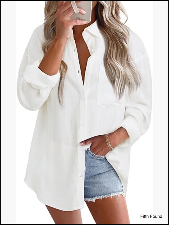 Tops - Linen Cotton Button Down Blouse V Neck Long Sleeve Loose Fit Tunic Top